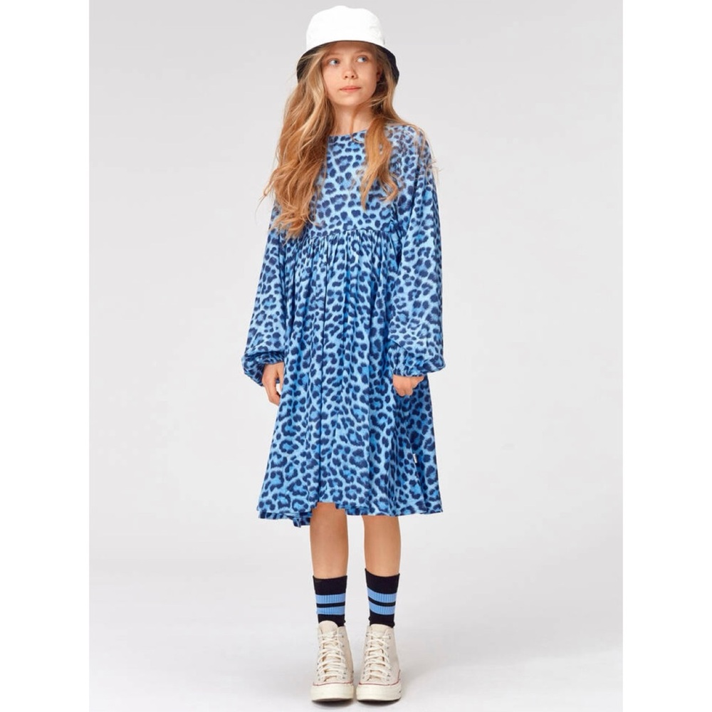Molo “Caly” blue jaguar print balloon sleeve shift dress (size 170/176)